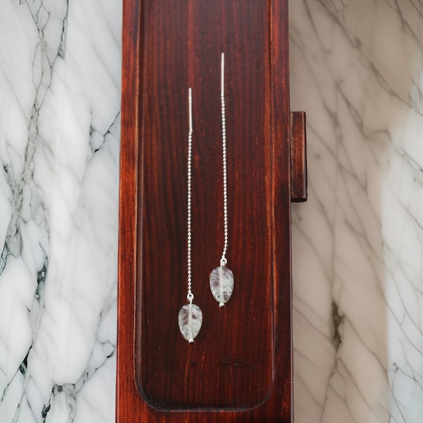 Minimalistic 925 sterling silver Moss Agate Gemstone leaf Bead threader earrings