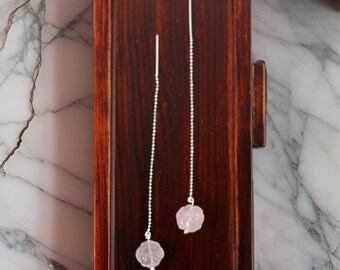 Minimalistische Einfädler-Ohrringe aus 925er-Sterlingsilber mit Rosenquarz und Edelsteinen