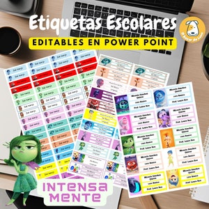 Puede incluir: Un conjunto de etiquetas escolares imprimibles con personajes de la película Inside Out. Las etiquetas son editables en PowerPoint e incluyen el texto "Etiquetas Escolares" y "Editables en Power Point".