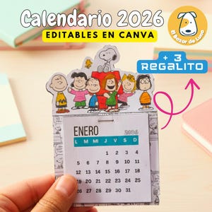 Puede incluir: Un calendario de 2026 con personajes de dibujos animados, con el texto "Calendario 2026 EDITABLES EN CANVA" en la parte superior. El calendario muestra el mes de enero con las fechas. Una mano sostiene el calendario, con una flecha rosa que apunta hacia la derecha.