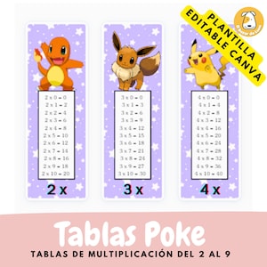 Puede incluir: Tres marcadores de libros morados y blancos con personajes de Pokemon de dibujos animados. Cada marcador tiene una tabla de multiplicación para los números 2, 3 y 4. El texto "Tablas Poke" y "TABLAS DE MULTIPLICACIÓN DEL 2 AL 9" está en la parte inferior de los marcadores.