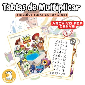 Puede incluir: Tablas de multiplicar con personajes de Toy Story 5 como Woody, Buzz Lightyear y Jessie. El documento digital incluye cuatro diseños temáticos en formatos PDF y Canva, mostrando ecuaciones matemáticas del 2x1 al 2x10 con ilustraciones coloridas de los personajes animados.
