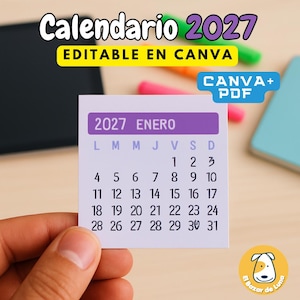 May include: A square calendar page for January 2027 with a purple header, black text, and a grid layout. The text reads Calendario 2027, Editable en Canva, Canva+PDF, and 2027 Enero. The calendar displays days of the week and dates from 1 to 31.