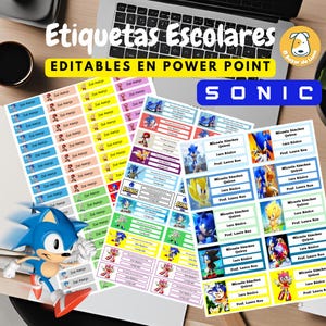 Puede incluir: Un conjunto de etiquetas escolares imprimibles con el personaje de videojuego Sonic the Hedgehog. Las etiquetas son editables en PowerPoint e incluyen campos para el nombre del estudiante, el grado y el nombre del profesor. Las etiquetas son de color azul, amarillo, rojo y morado.