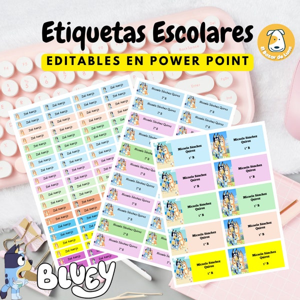 Etiquetas escolares temática Bluey Cuadernos, lápices útiles Book Regreso al colegio 2024