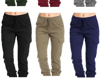 Women's Ladies Combat Cargo Trousers Pants Stretch Waist Side Pockets Slim