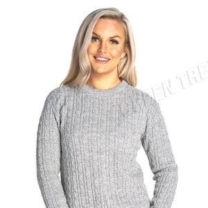 Ladies women's cable knitted long sleeve crew neck knit jumper winter sweater top Grey Silver