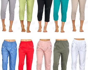 Ladies Women's Cropped Trousers Stretchy Summer Cotton Capri Plus Size 10 to 24