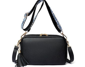 Ladies Women's crossbody shoulder bag tassel zip patterned strap