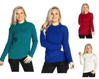 Ladies women's cable knitted long sleeve crew neck knit jumper winter sweater top