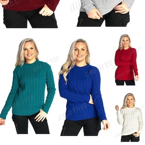 Ladies women's cable knitted long sleeve crew neck knit jumper winter sweater top image 1