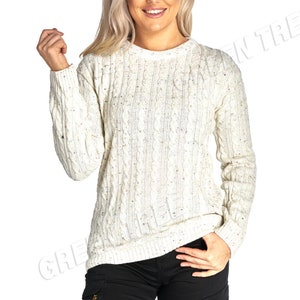 Ladies women's cable knitted long sleeve crew neck knit jumper winter sweater top White Mix Thread