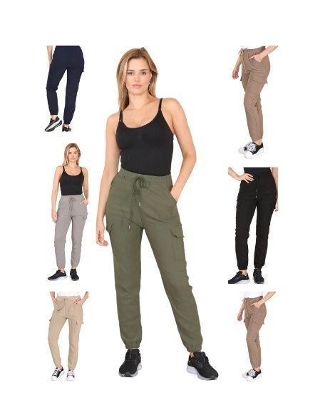 Damen Combat Cargohose Gummibund Freizeithose Hose Sport