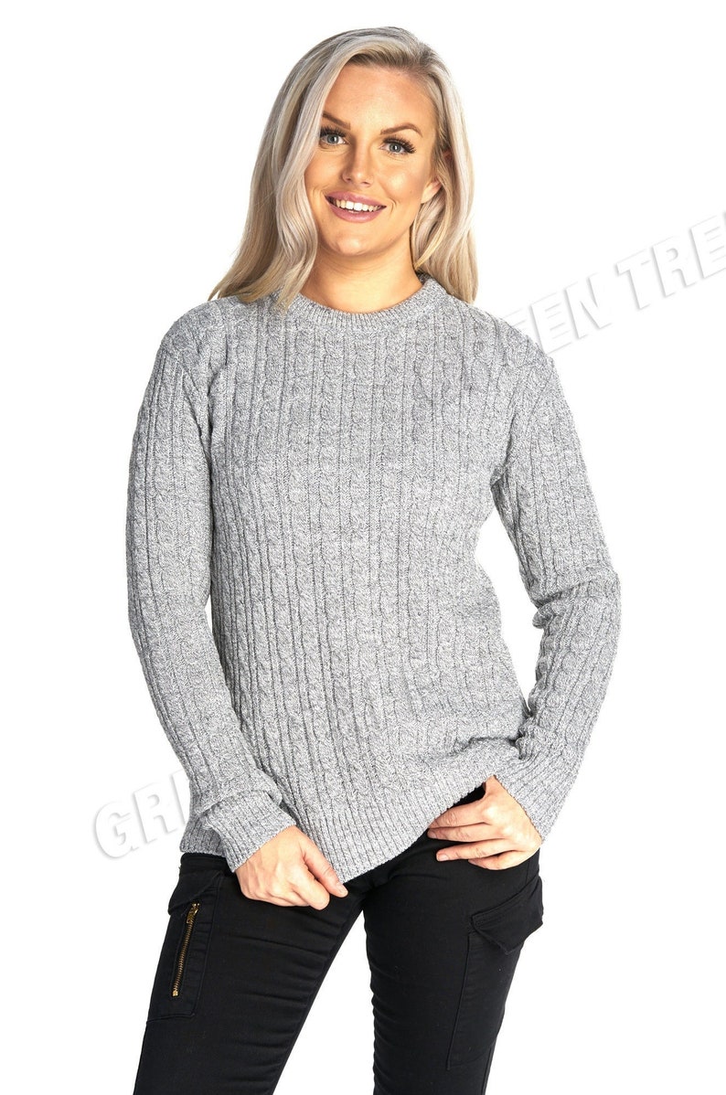 Ladies women's cable knitted long sleeve crew neck knit jumper winter sweater top Grey Silver