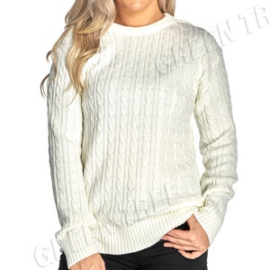 Ladies women's cable knitted long sleeve crew neck knit jumper winter sweater top Cream/Off White