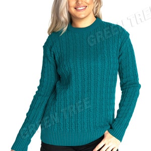 Ladies women's cable knitted long sleeve crew neck knit jumper winter sweater top Green