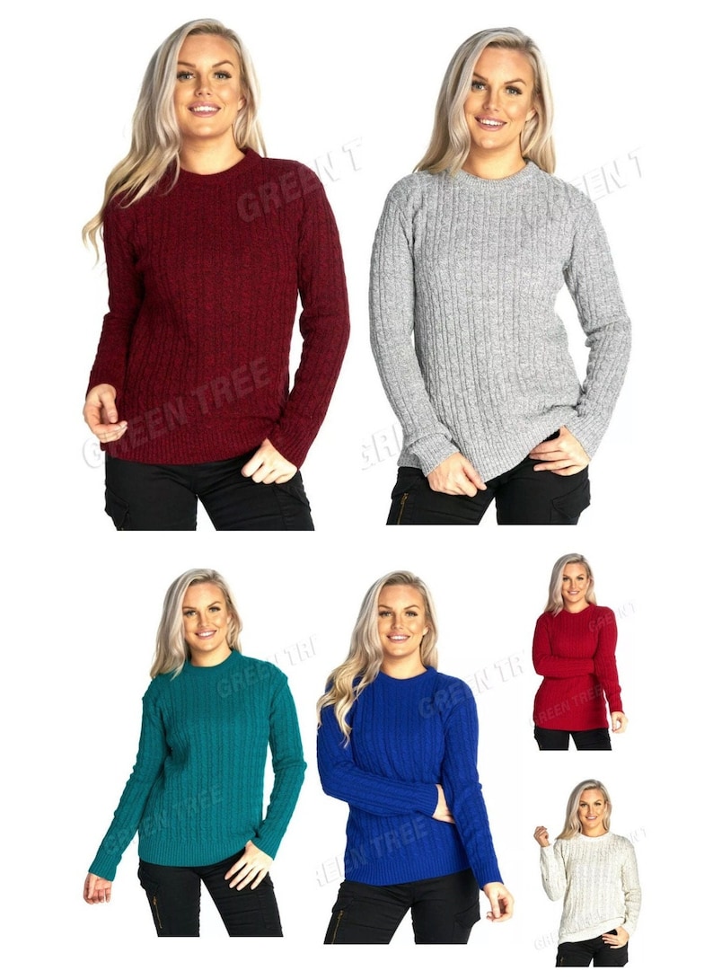 Ladies women's cable knitted long sleeve crew neck knit jumper winter sweater top image 1