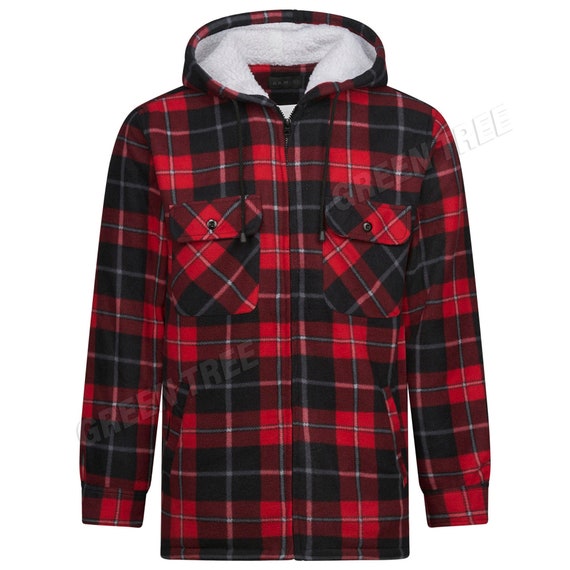 Mens Padded Shirt Fur Lined Lumberjack Flannel Work Fleece Jacket Warm Top Hoodie Etsy UK