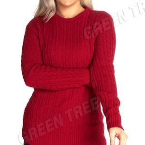 Ladies women's cable knitted long sleeve crew neck knit jumper winter sweater top Red