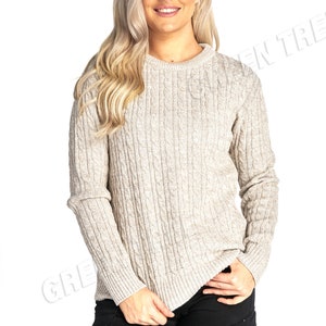 Ladies women's cable knitted long sleeve crew neck knit jumper winter sweater top Beige Mix