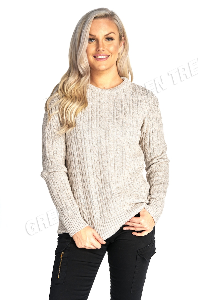 Ladies women's cable knitted long sleeve crew neck knit jumper winter sweater top Beige Mix