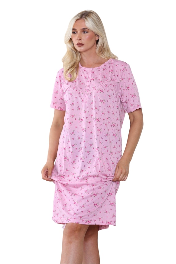 Ladies Floral Nightdress Cotton Blend Nightie Short Sleeve Button