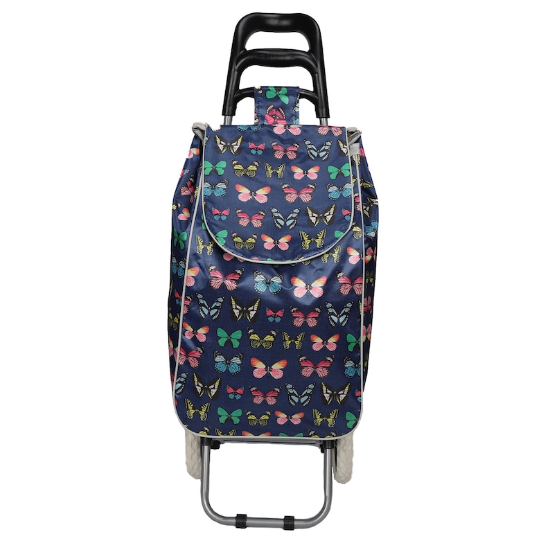 2 Wheel Shopping Trolley Grocery Bag Cart Luggage Lightweight Butterfly Print Navy Blue