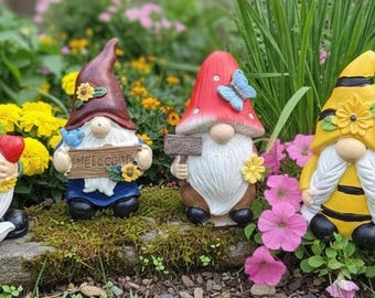 Hand-Painted Ceramic Garden Gnomes Quartet, Whimsical Outdoor Decor
