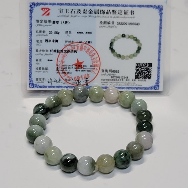 10mmCertified Natural Grade A Jade Green white Jadeite Beads Bracelet