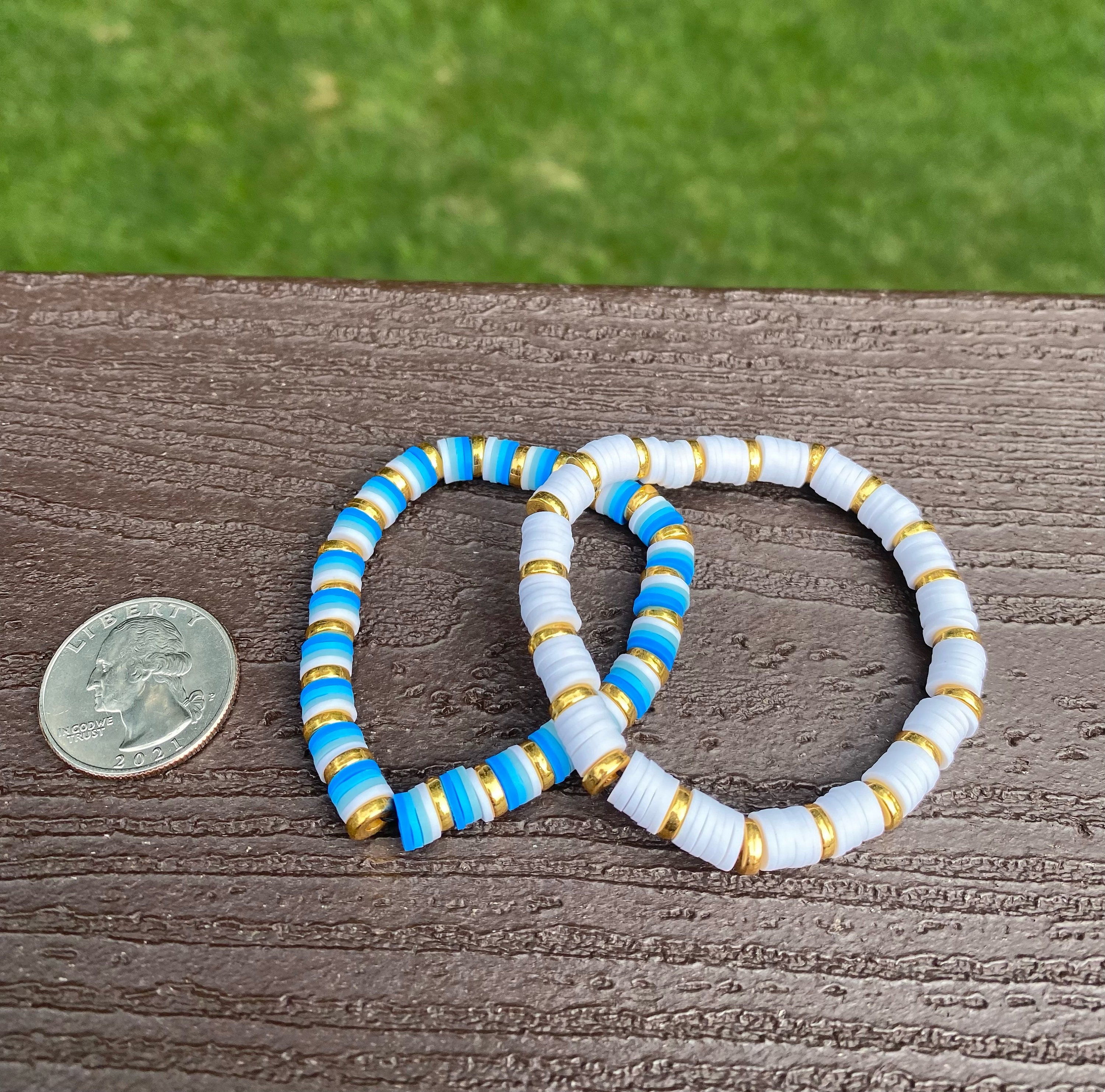 Heishi Beaded Bracelet, Baby Blue with Silver or Gold Drum Bead Stretchy Bracelet #698 Silver Drum Bead