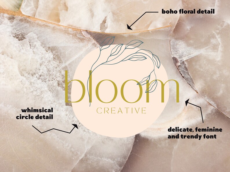 May include: A logo design with the word "bloom" in a delicate, feminine font, and the word "creative" below. It features a whimsical circle detail and a boho floral element, set against a light beige background.