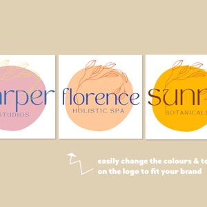 May include: Three logo designs on white squares with pastel backgrounds. The logos feature text for "Harper Studios", "Florence Holistic Spa", and "Sunny Botanicals". Each logo includes a floral design. Text at the bottom says "easily change the colours & text on the logo to fit your brand".