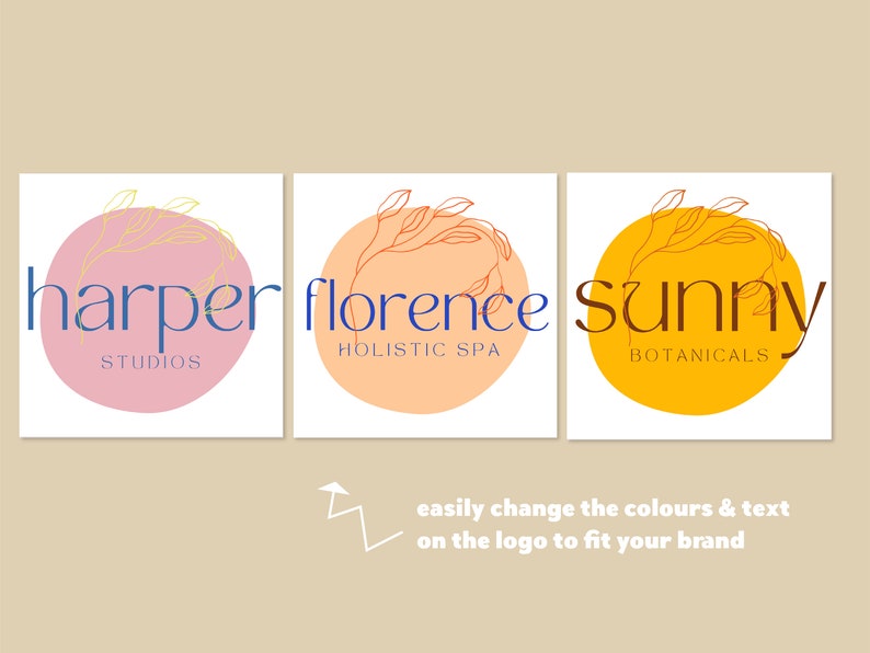 May include: Three logo designs on white squares with pastel backgrounds. The logos feature text for "Harper Studios", "Florence Holistic Spa", and "Sunny Botanicals". Each logo includes a floral design. Text at the bottom says "easily change the colours & text on the logo to fit your brand".
