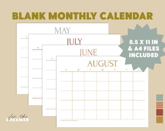 Blank Calender, Printable Monthly Planner, Academic Planner, Desktop Calender
