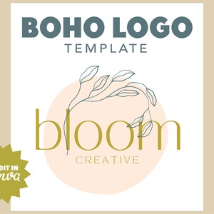 May include: A Boho logo template with the text "BOHO LOGO TEMPLATE" in dark teal. The word "bloom" is in gold, with the word "CREATIVE" below it. A floral line art design is in the centre, with a peach-coloured circle behind it. The words "EDIT IN Canva" are in a gold starburst.