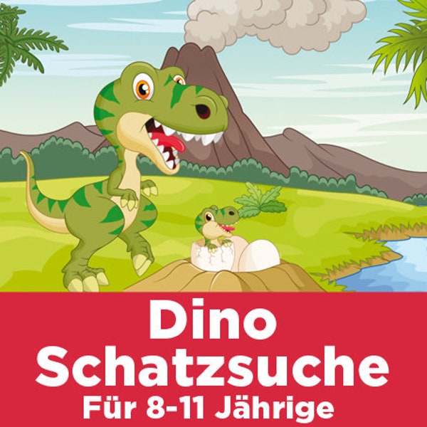 Dino-speurtocht voor kinderen van 8-11 jaar. Voor directe download. Met coole puzzels en bijpassende decoraties!