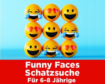 Funny Faces treasure hunt for children aged 6-8. To download directly. Cool puzzles and matching decorations for children's birthday parties.