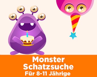 Monster treasure hunt for children aged 8-11. For direct download. Cool puzzles and matching decorations for children's birthday parties.