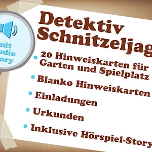 Speurtocht voor kinderen vanaf 5 jaar. Inclusief uitnodigingen, certificaten, 20 kaarten met aanwijzingen voor de tuin en de speeltuin, en een fantastisch audiobestand.
