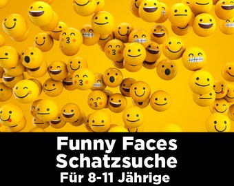 Funny Faces treasure hunt for children aged 8-11. To download directly. Cool puzzles and matching decorations for children's birthday parties.