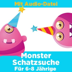 Ready-made monster treasure hunt for children ages 6-8. Download directly. Great puzzles and matching decorations for a monster-themed party.