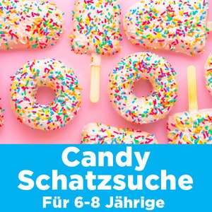 Candy Treasure Hunt for children&#39;s birthday parties for ages 6-8. Download the PDF directly. Indoor and outdoor scavenger hunt including invitations, decorations, and certificates.