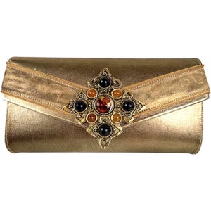 Vintage Nina Arjani Leatherock Bronze Metallic Evening Clutch Jewel Bag 90s