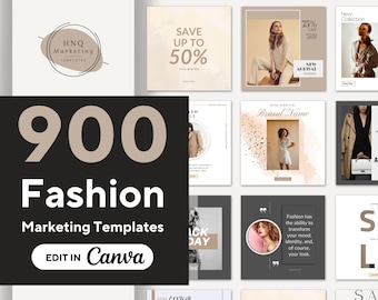 May include: A collection of 900 fashion marketing templates for Canva. The templates feature a variety of designs, including images of clothing, accessories, and models. The text "900 Fashion Marketing Templates" is displayed in large, bold letters. The text "EDIT IN Canva" is displayed in a smaller font.