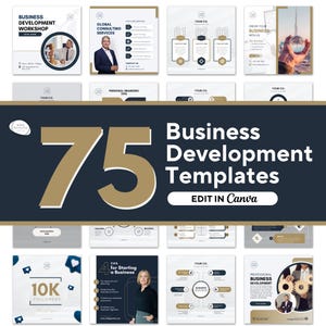 May include: A collection of business development templates with a dark blue and gold color scheme. The image includes various marketing materials, such as workshop announcements, service offerings, and social media graphics. Text includes "Business Development Templates" and "Edit in Canva."
