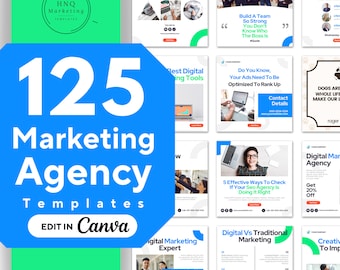 May include: A collection of 125 colorful digital marketing agency templates for Canva. The templates feature various designs with text such as "Welcome to Digital", "Best Digital Marketing Tools", "Digital Marketing Expert", "Digital vs Traditional Marketing", and "Creative to Implement".