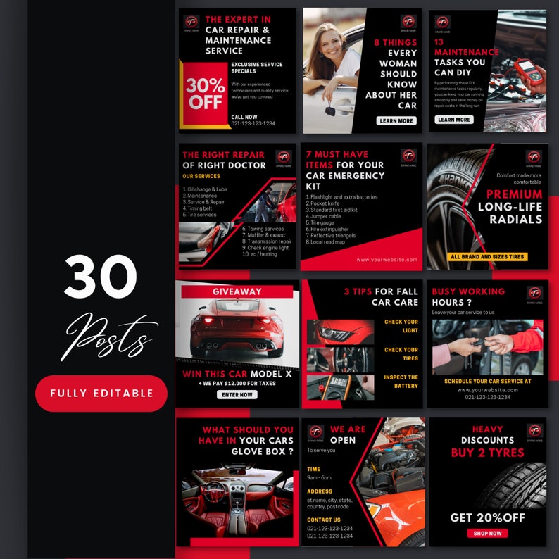 Auto mechanic Instagram templates. Editable Canva templates for car repair shops, mechanics, and auto detailing businesses. Includes Instagram post templates, Instagram story templates, and Instagram carousel templates with automotive-themed designs to promote services, special offers, and customer testimonials.
This Etsy listing includes Instagram post templates, Instagram story templates, and a grid layout for Instagram.