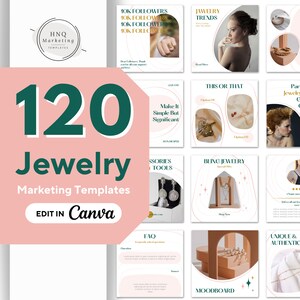May include: A collection of 120 social media templates for jewelry businesses. The templates feature a variety of designs, including photos of jewelry, text overlays, and graphics. The templates are designed to be used on platforms like Instagram and Facebook. The text on the templates includes "120 Jewelry Marketing Templates", "Edit in Canva", "Make it Simple But Significant", "FAQ", "This or That", "Bling Jewelry", "Moodboard", "Unique & Authentic", and "Jewelry Trends".