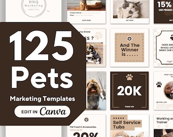 May include: A collection of 125 social media marketing templates for pet businesses. The templates feature images of dogs and cats, and include text such as "Get Flat 20% Off", "And The Winner Is...", "20K Thank You", and "Self Service Tubs".