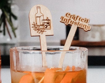 Set of (10) Crafted Infusions Wood Cocktail Stirrers, Laser-Cut Drink Stir Sticks, Swizzle Sticks, Gifts For Him, Dad, Father's Day